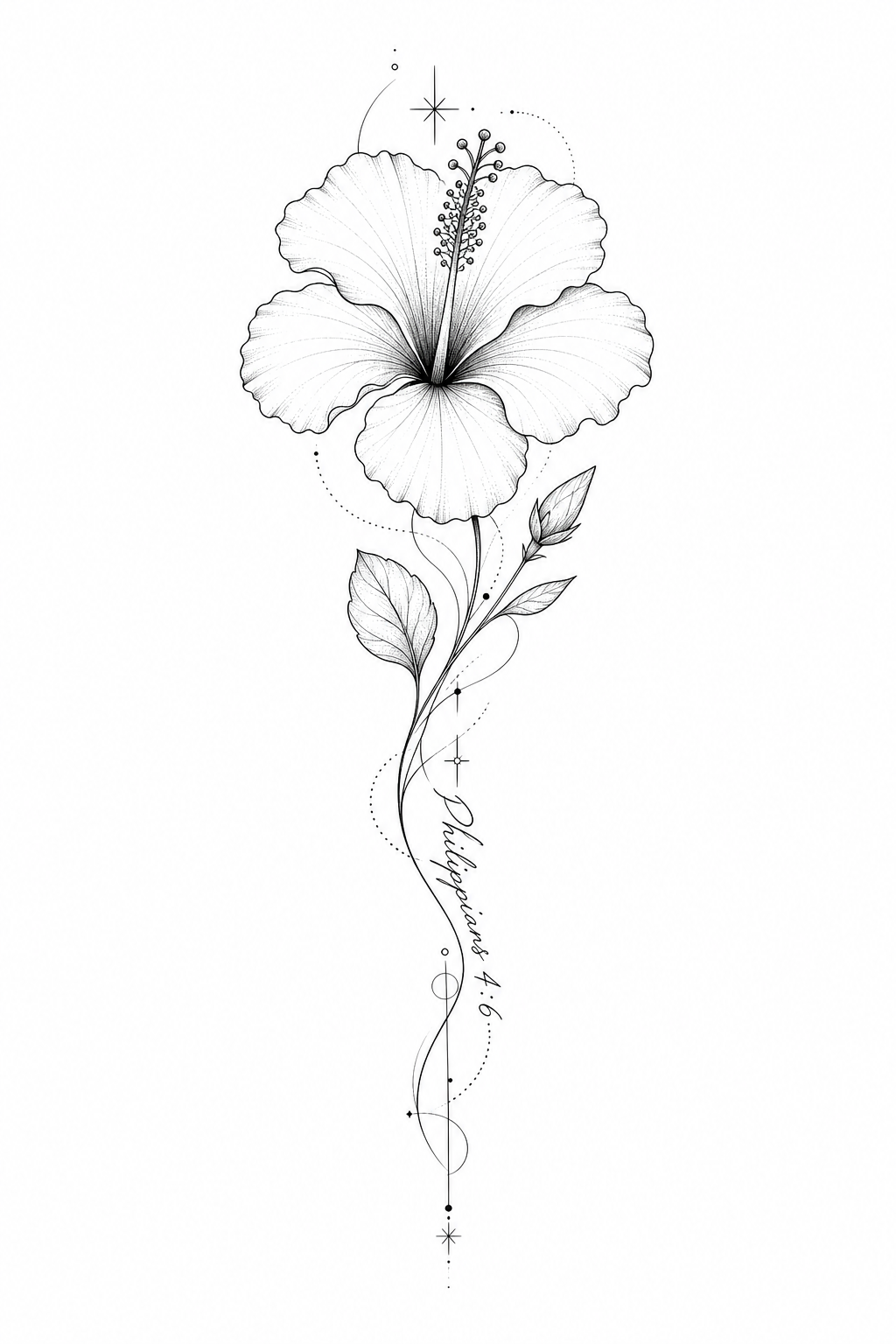 A fine-line vertical Hawaiian flower on a wispy stem with the text “Philippians 4:6” in delicate black ink.