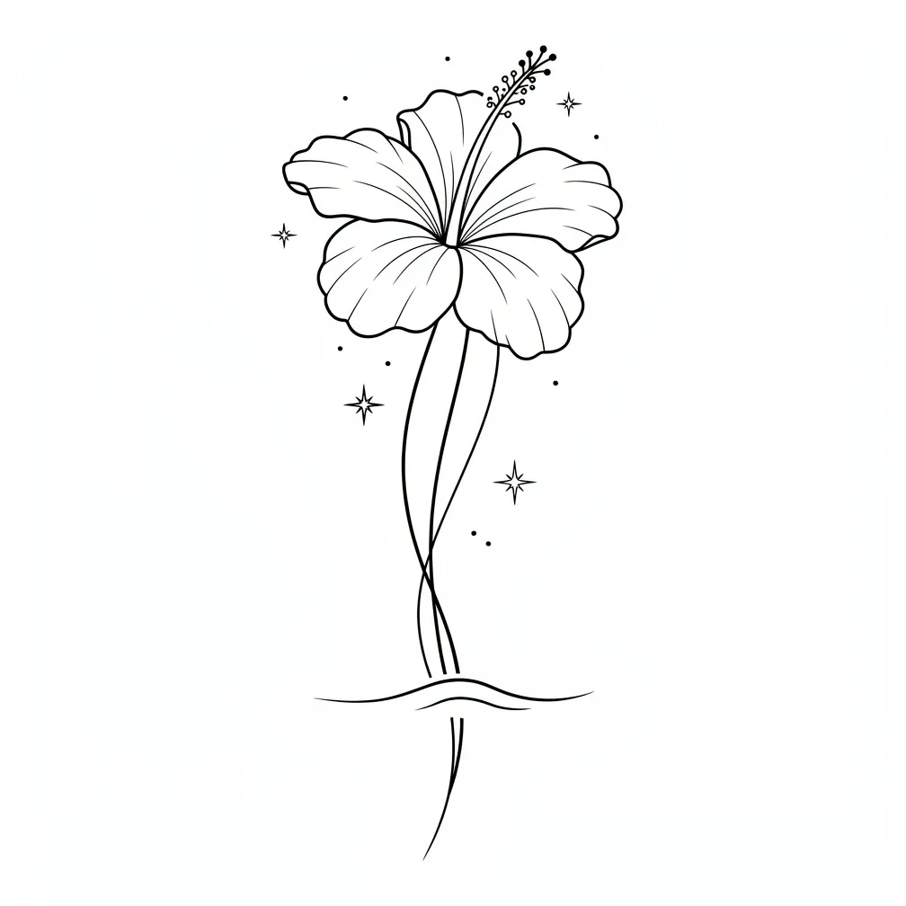 A minimalist fine-line hibiscus cluster on the side, with petals extending into flowing lines, tiny sparkles, and subtle ocean motifs.