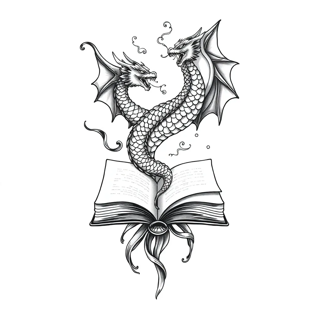 An illustrative open book with a glowing magical swirl that transforms into a flowing dragon emerging from the pages.