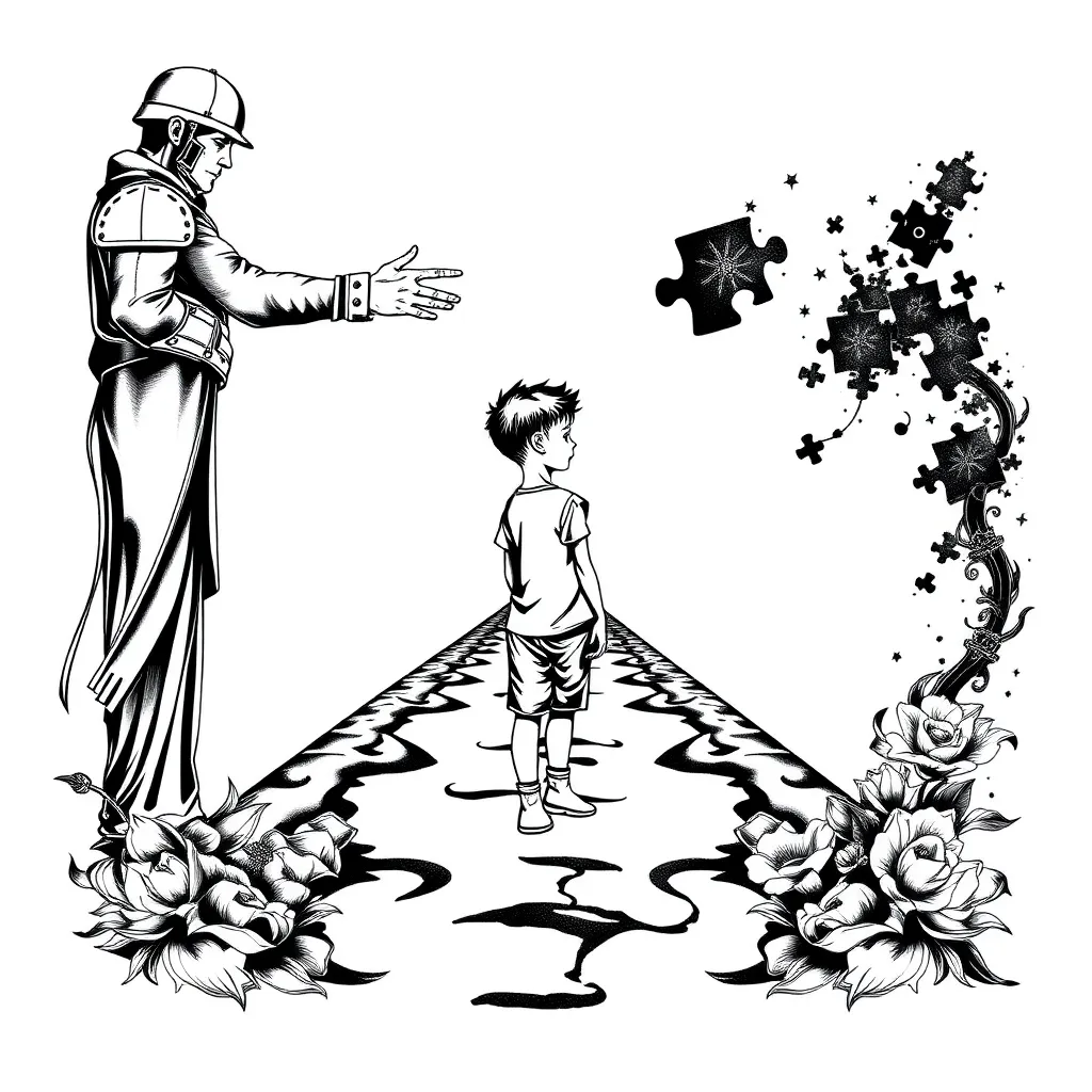 Blackwork full-leg sleeve showing a young boy at a junction with one path crowded by directive figures and the other leading to a mysterious, unsolved puzzle-symbolic destiny.