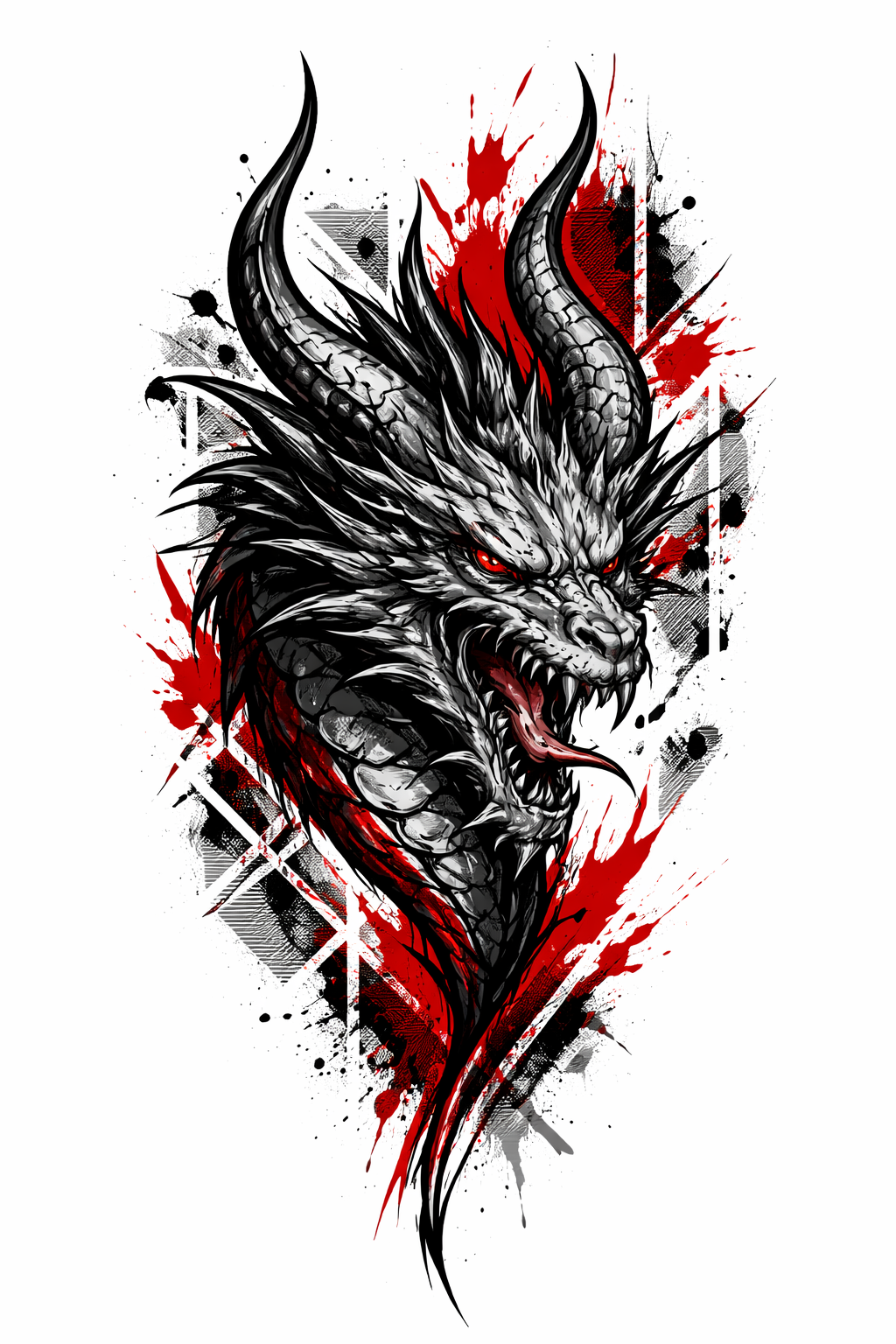 Dragón de estilo trash polka, con formas negras intensas y salpicaduras de rojo vivo, además de pinceladas gráficas y acentos geométricos.