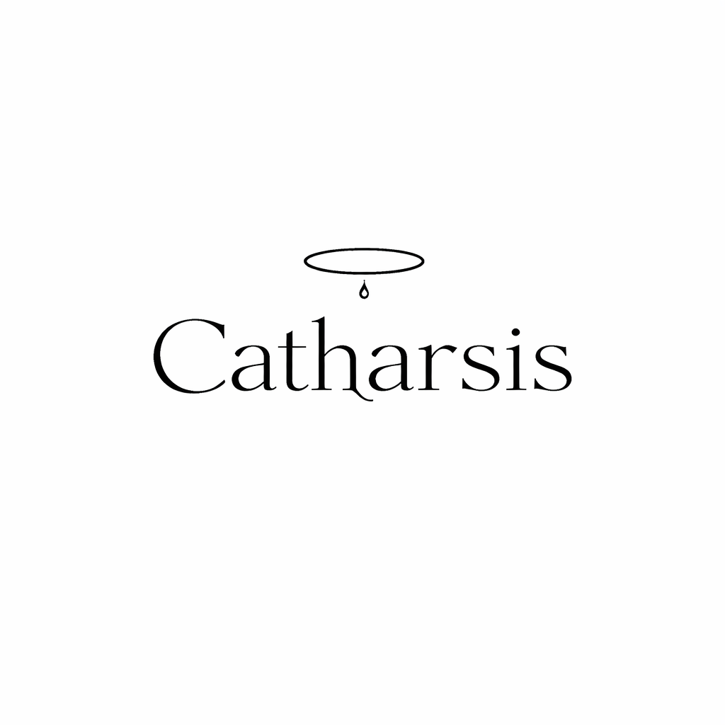 Minimalist black-and-white word 'catharsis' in a simple, clean font pairing a small symbol of purification to represent a vow to avoid sin.
