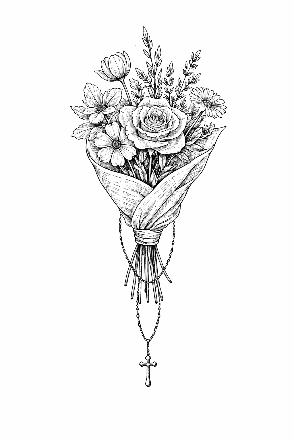 A fine-line bouquet of mixed flowers wrapped in newspaper with an elegant rosary draped over it, rendered in delicate black and grey lines.