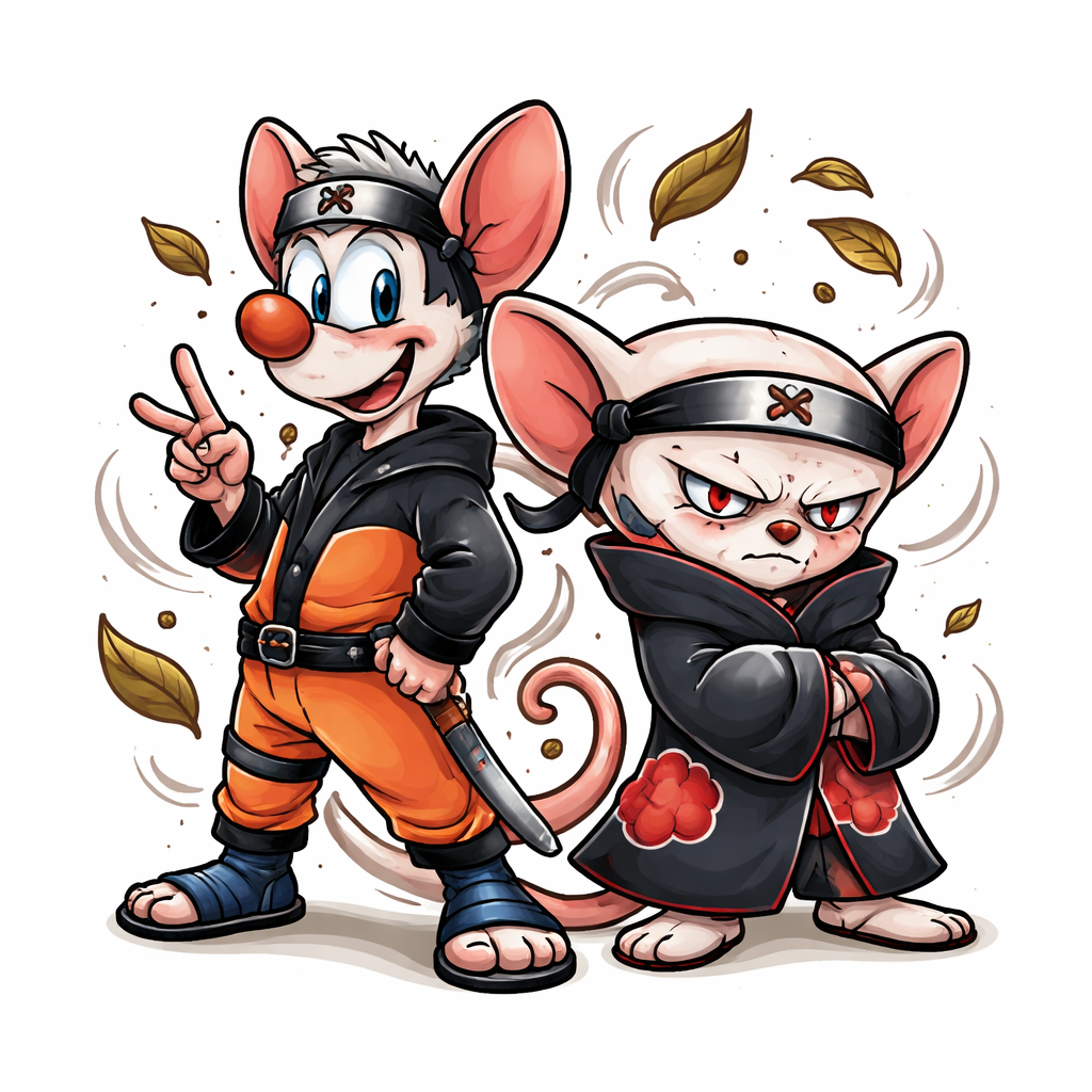 Cartoon characters Pinky and the Brain reimagined in Naruto-style ninja outfits with expressive poses and anime-inspired details (illustrative fanart).