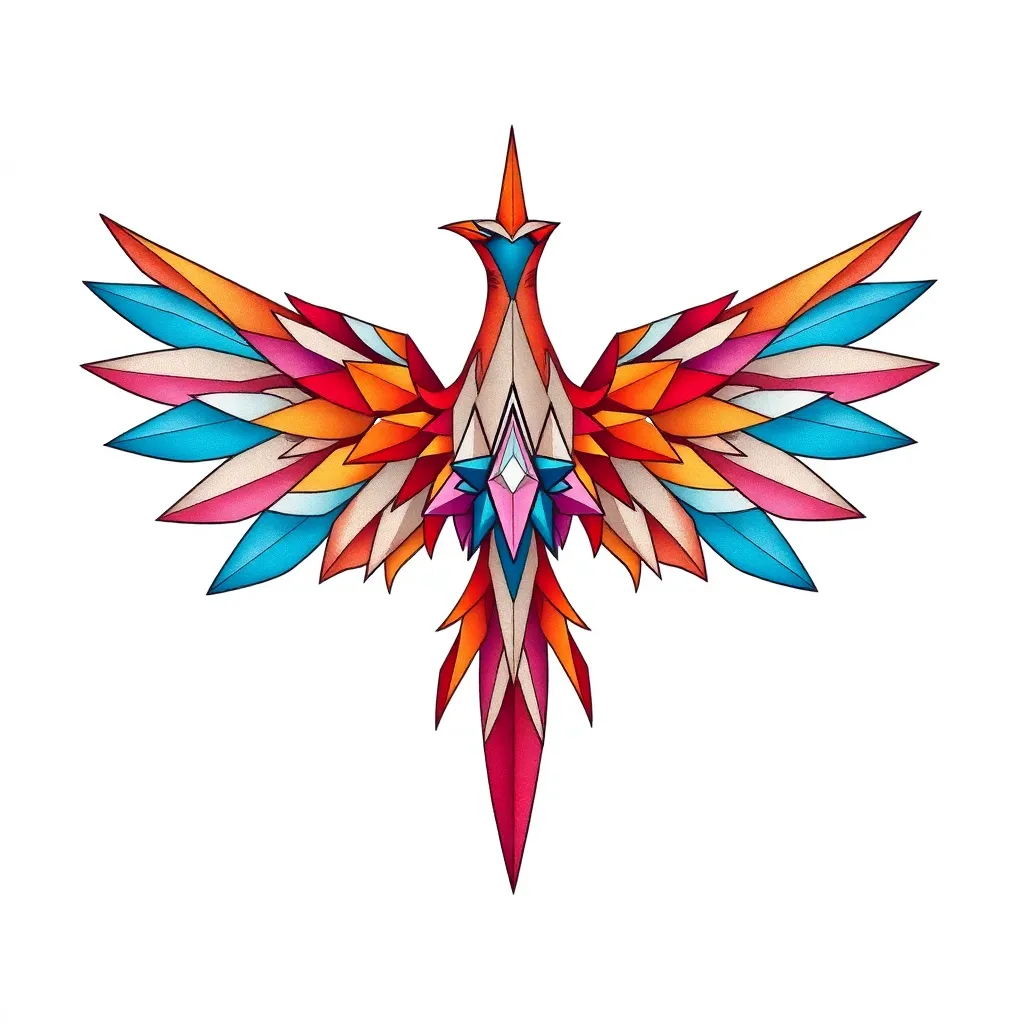 Un fénix geométrico y colorido, compuesto por formas angulares y plumas ardientes, que se eleva desde fragmentos abstractos que simbolizan el dolor y el renacimiento, en un estilo de tatuaje geométrco