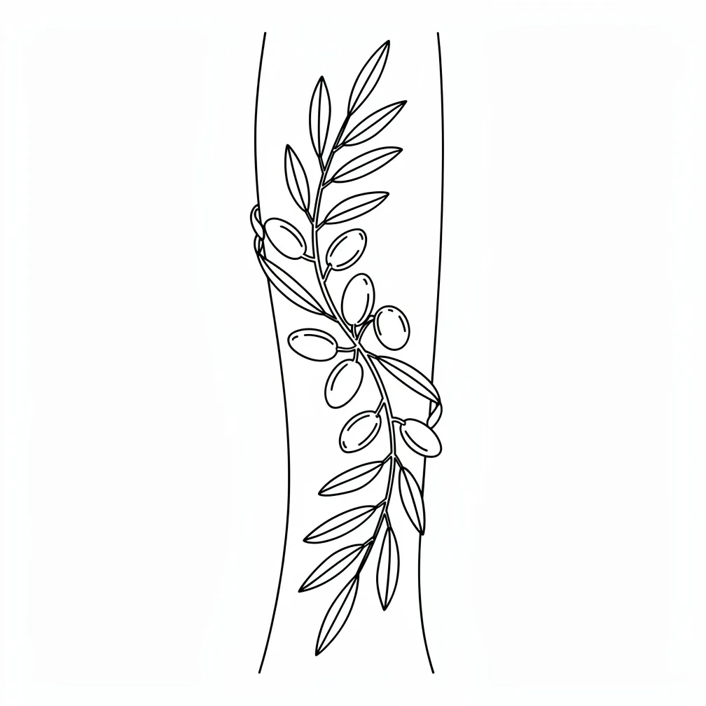 A minimalist olive branch armband with clean linework wrapping around the arm.
