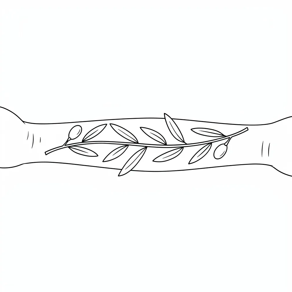 A minimalist linework olive branch wrapping around the arm like an armband, with simple leaves and small olives.