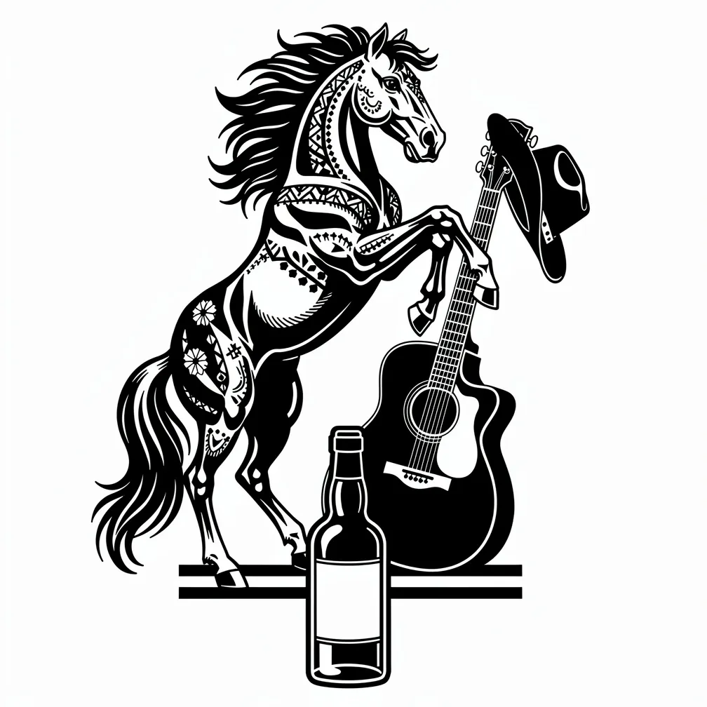 A blackwork rearing mustang beside a leaning acoustic guitar topped with a stetson hat, with a Jack Daniels bottle laid horizontally beneath.