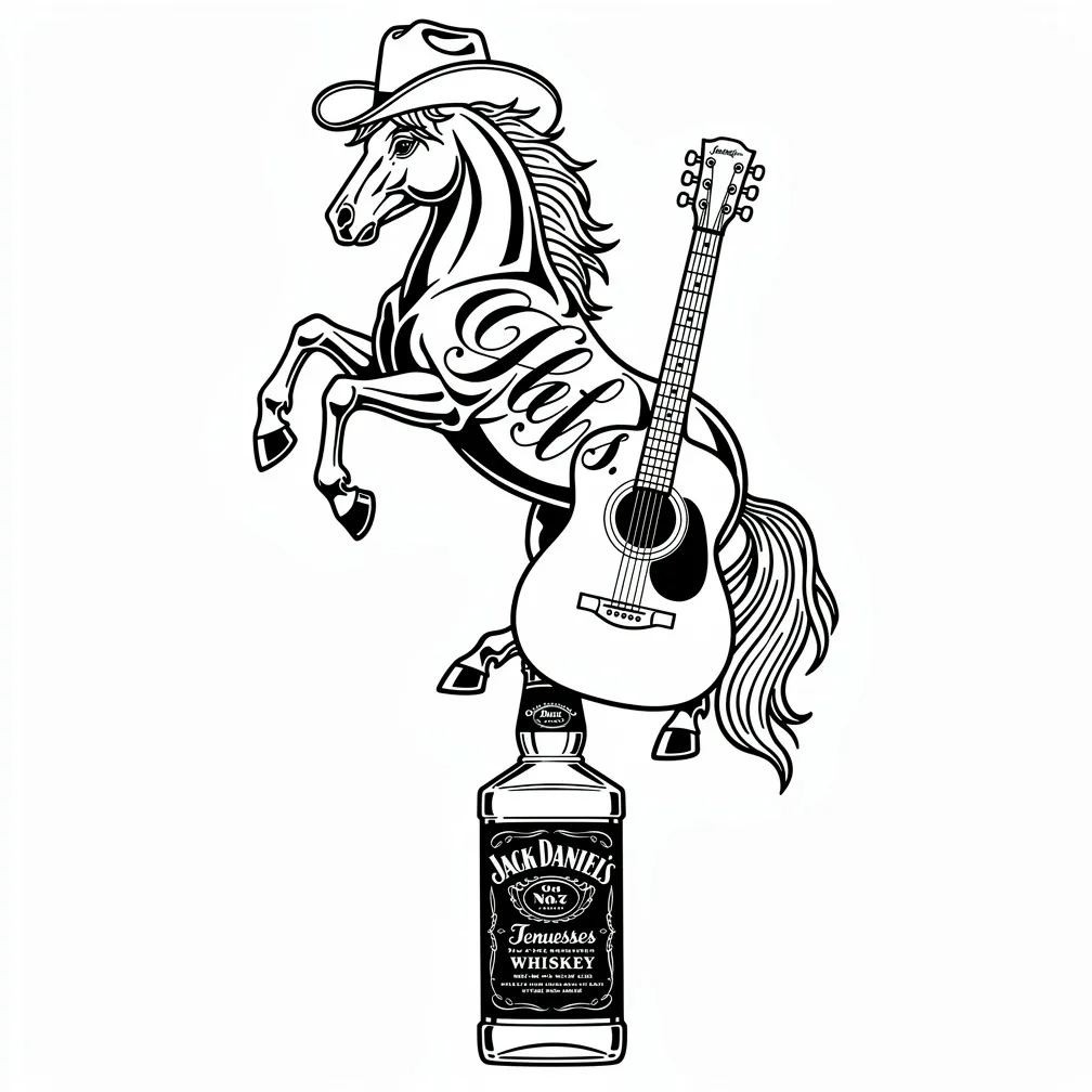 An illustrative western tattoo of a mustang facing left with an acoustic guitar leaning against its back, a cowboy hat on top, and a whiskey bottle below, with lettering elements.