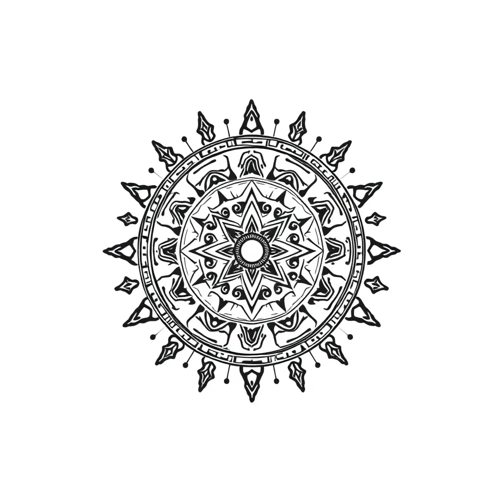 A shoulder-cap ornamental tattoo combining Aztec/Maya/Inca motifs and interlocking sacred-geometry mandala patterns in fine black-and-grey with earthy color accents