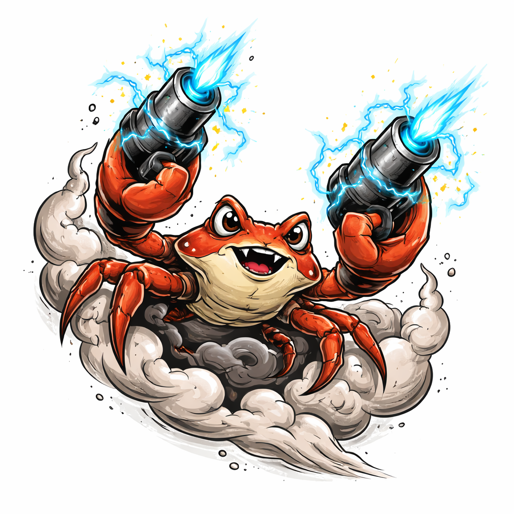 Un cangrejo de estilo new school de Crab Champions saltando entre el humo y disparando dos cañones láser, con brillantes arcos eléctricos y líneas de movimiento dinámicas