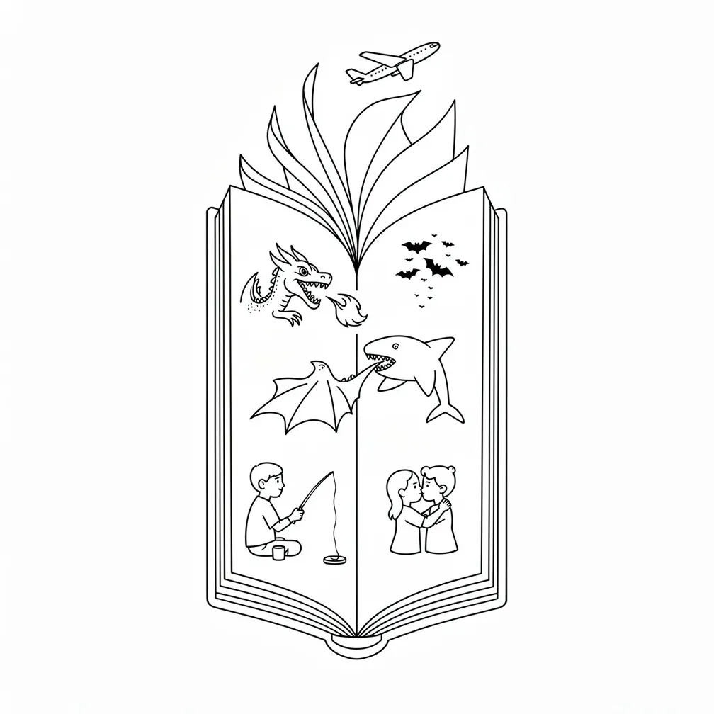 Minimalist open book with fluttering pages, each showing a tiny scene: a dragon breathing fire, bats, a shark biting, a dad and daughter fishing, a couple kissing, a stingray leaping, and an airplane,