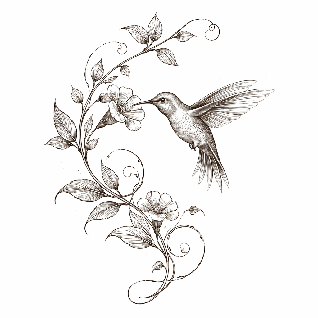 A watercolor-style hummingbird hovering beside a looping flower vine with soft washes of green and pink