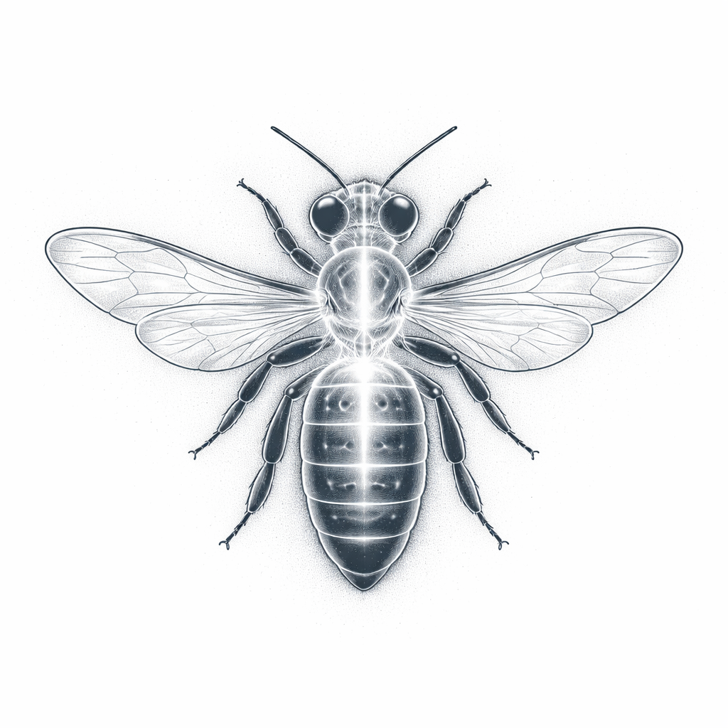 An X-ray style bee showing translucent body, wing veins and anatomical internal structures rendered in delicate black linework and negative space.