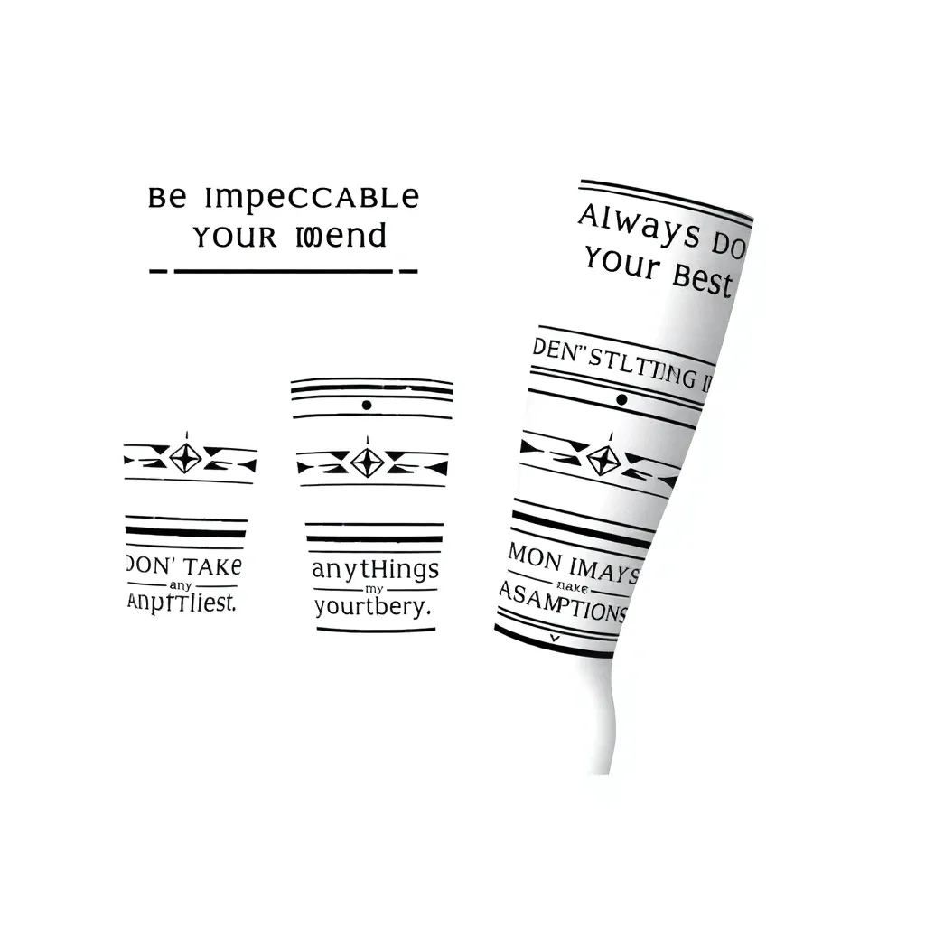 Bandas limpias en negro y gris, de inspiración tolteca/azteca, alrededor de brazos y pantorrillas, con las frases «Sé impecable con tus palabras» y «Haz siempre lo mejor que puedas» en los brazos y, a