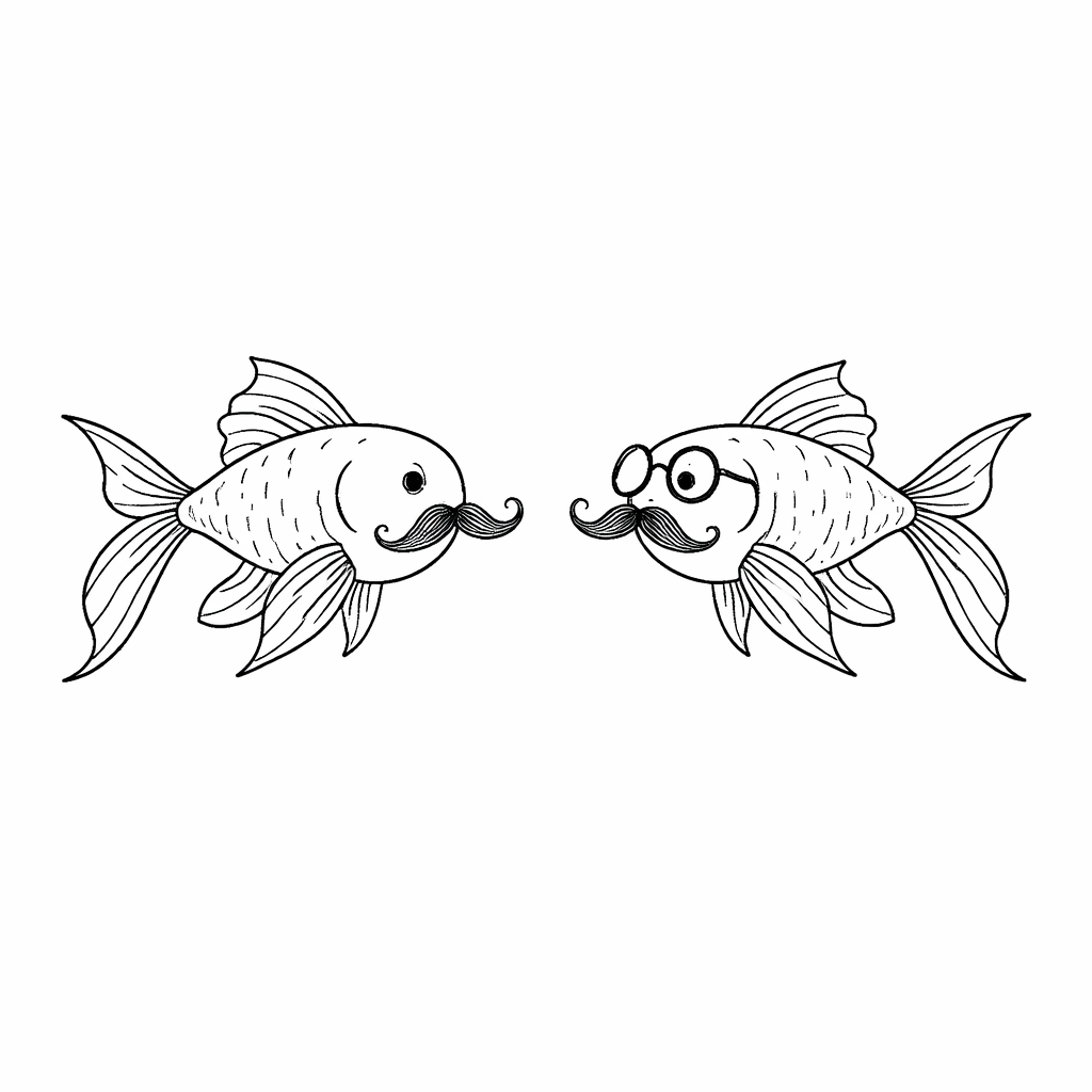 Ilustración minimalista en tinta negra de línea fina de dos peces estilizados con bigotes franceses; uno lleva gafas redondas vintage. Líneas ultrafinas y limpias, sin sombreado ni relleno.