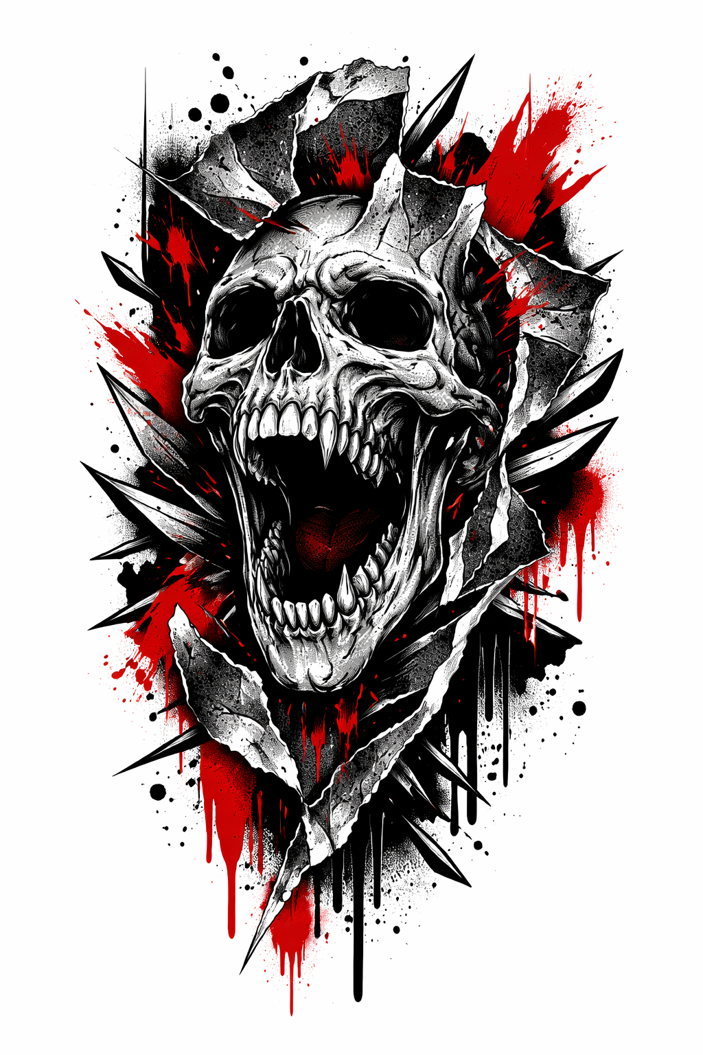 Composición de terror tipo trash polka con grafiti: pinceladas negras gruesas y audaces, salpicaduras rojas chorreantes, marcas urbanas en esténcil y rostros/calaveras distorsionados.