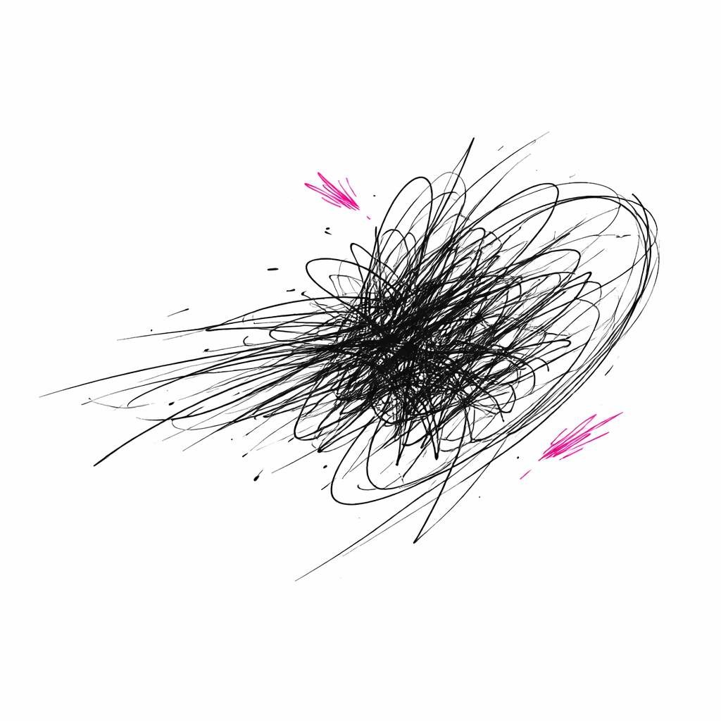 Raw childlike fine-line tattoo of a chaotic dense scribble core with messy overlapping lines, motion strokes to the left, a loose curved outer contour to the right, and 2–3 rough pink accent scribbles