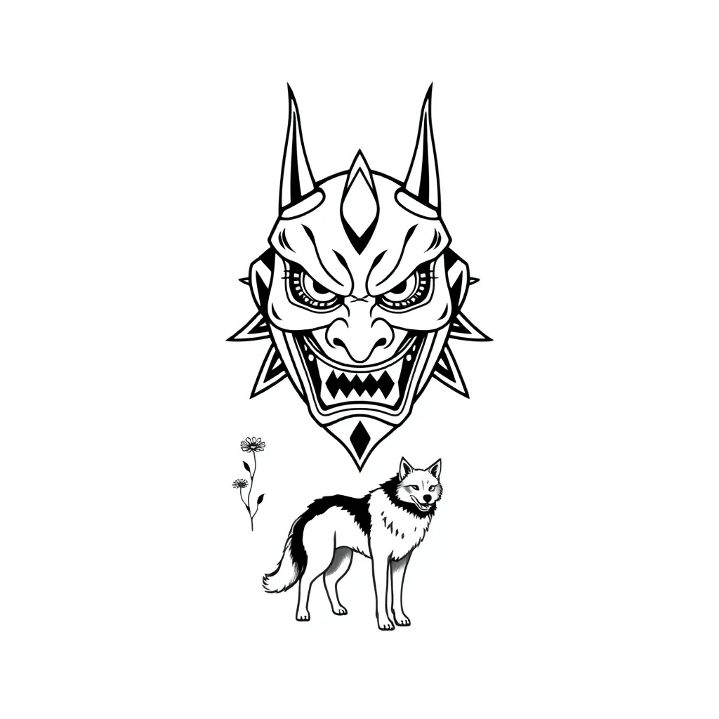 A simple Japanese-style demon mask, a dead wilted flower, and a small lone wolf composed in restrained black-and-grey linework with a touch of red.