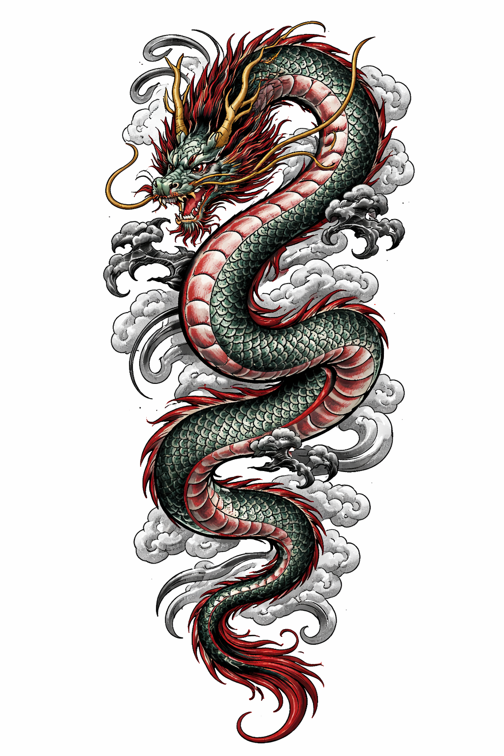 A dynamic Japanese-style full-sleeve dragon coiling around the arm with detailed scales, waves, clouds, and bold color accents