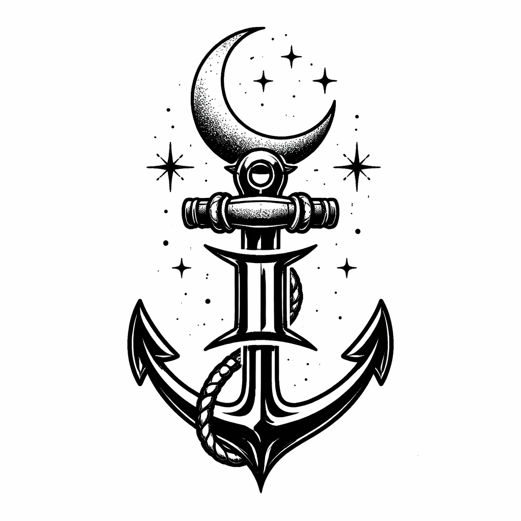 Blackwork tattoo combining Gemini twin faces or glyph, a stylized anchor and a crescent moon arranged in bold silhouette and dotwork accents.
