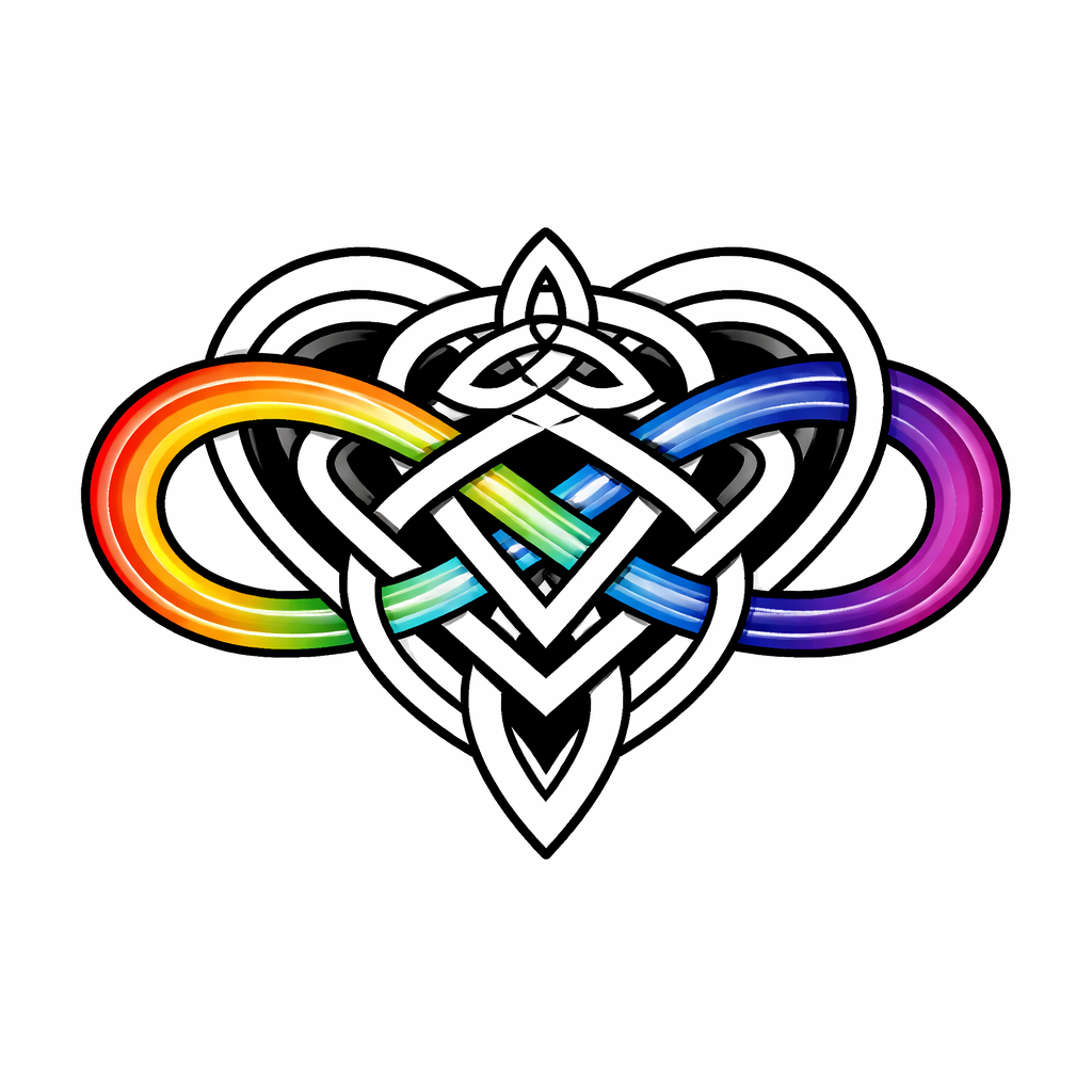 Corazón ornamental de nudos celtas entrelazado con un símbolo de infinito en arcoíris, con lineas negras y acentos coloridos