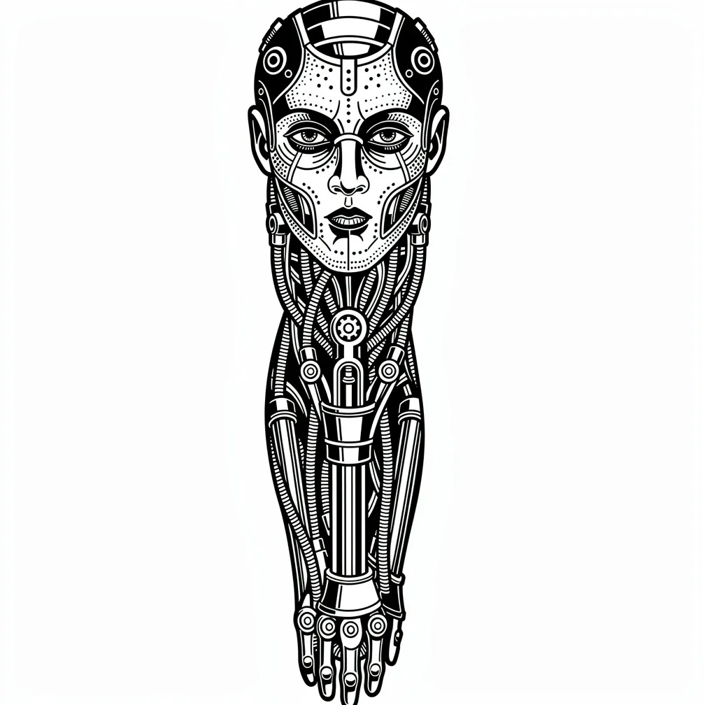 A left-arm blackwork biomechanical full sleeve with interlocking gears, cables, and torn-skin transitions in bold black shading.