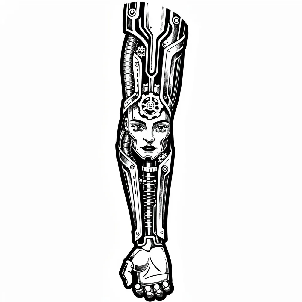 A blackwork biomechanical full-sleeve with interlocking gears and mechanical plates flowing from chest to wrist, with no faces.