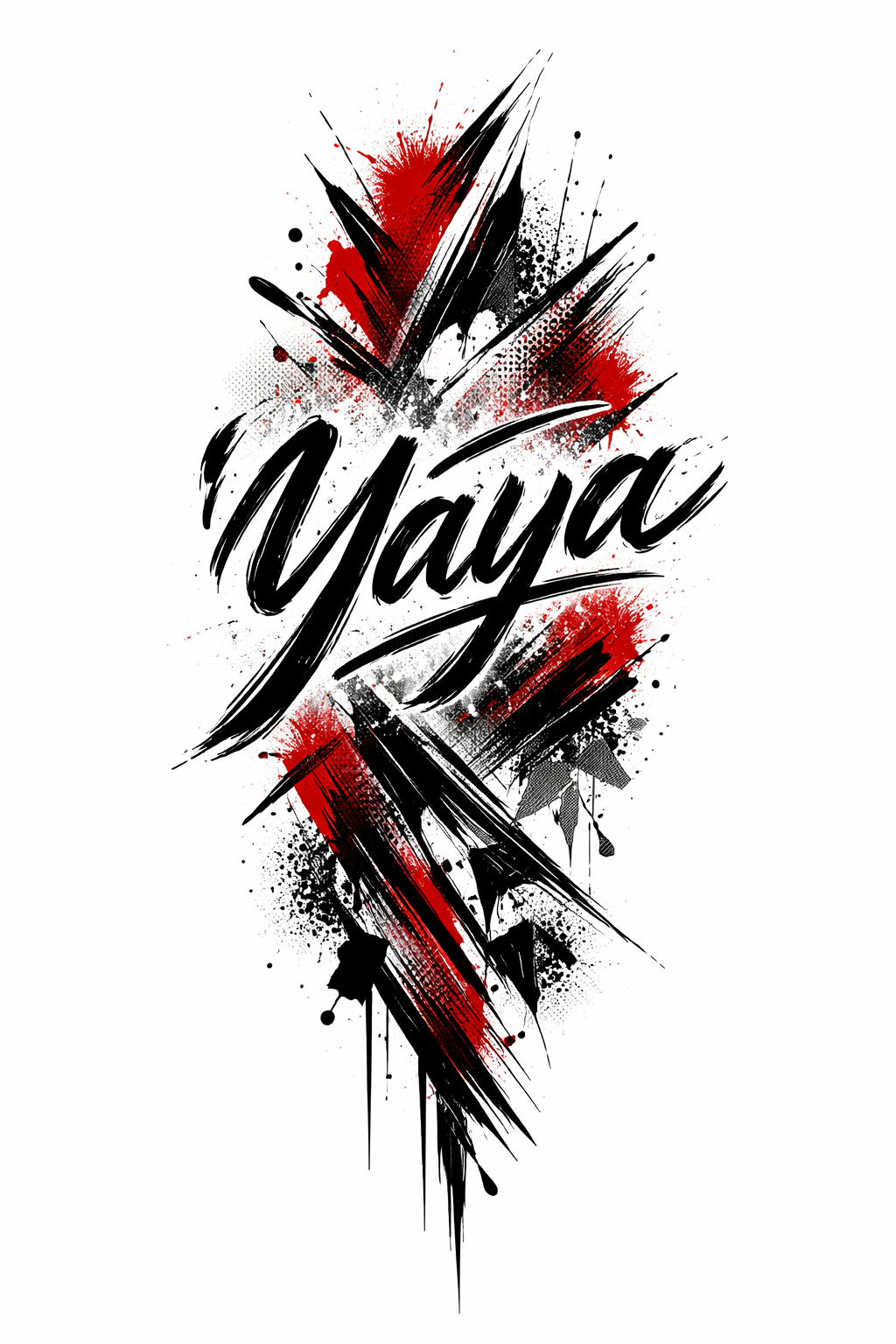 Trash-polka cover-up design featuring the name 'Yaya' in distressed black lettering with red graphic splashes and abstract shapes