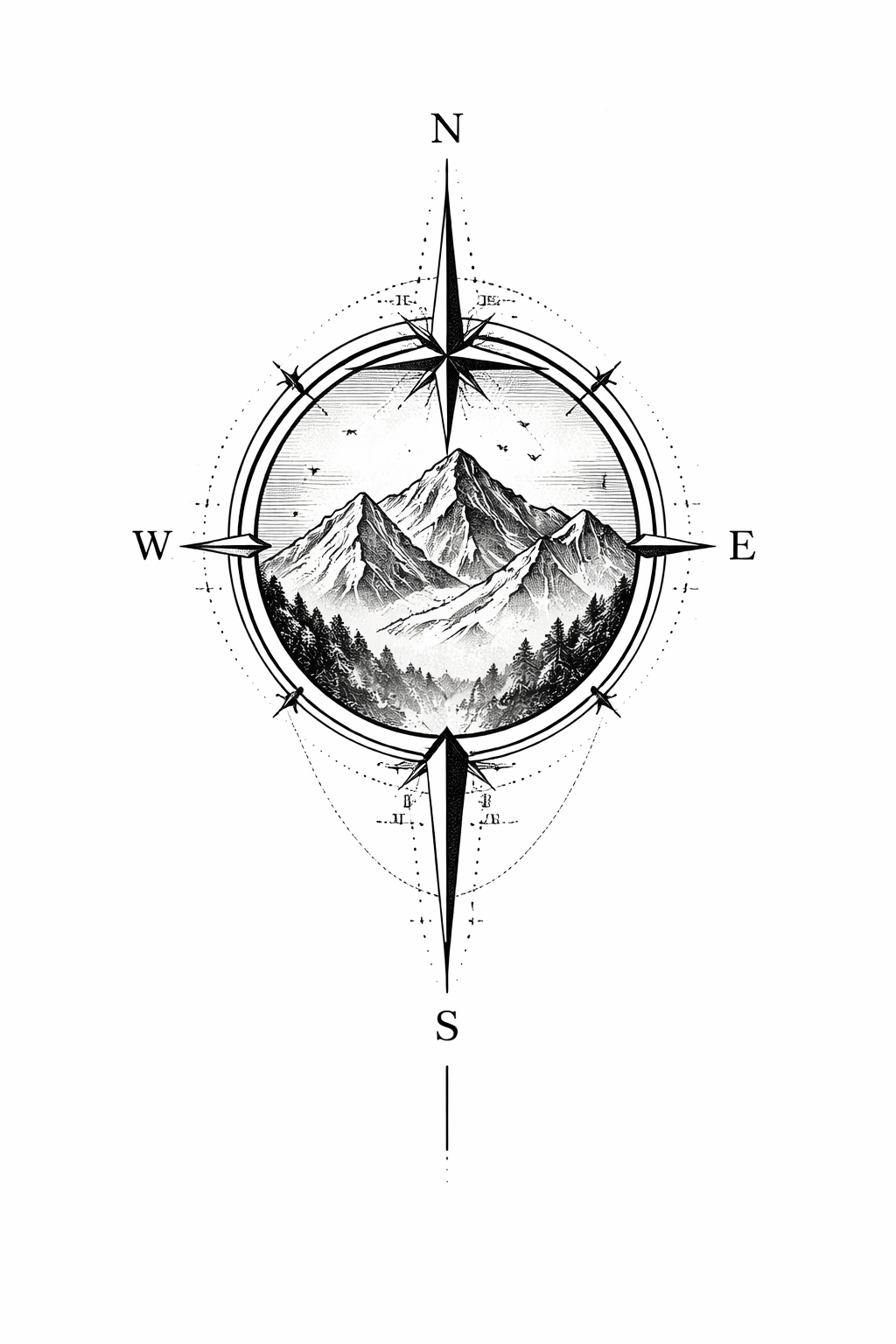 Illustrative mountain scene framed inside a compass with the script 'wanderlust' and birds flying above, rendered in fine line and shading