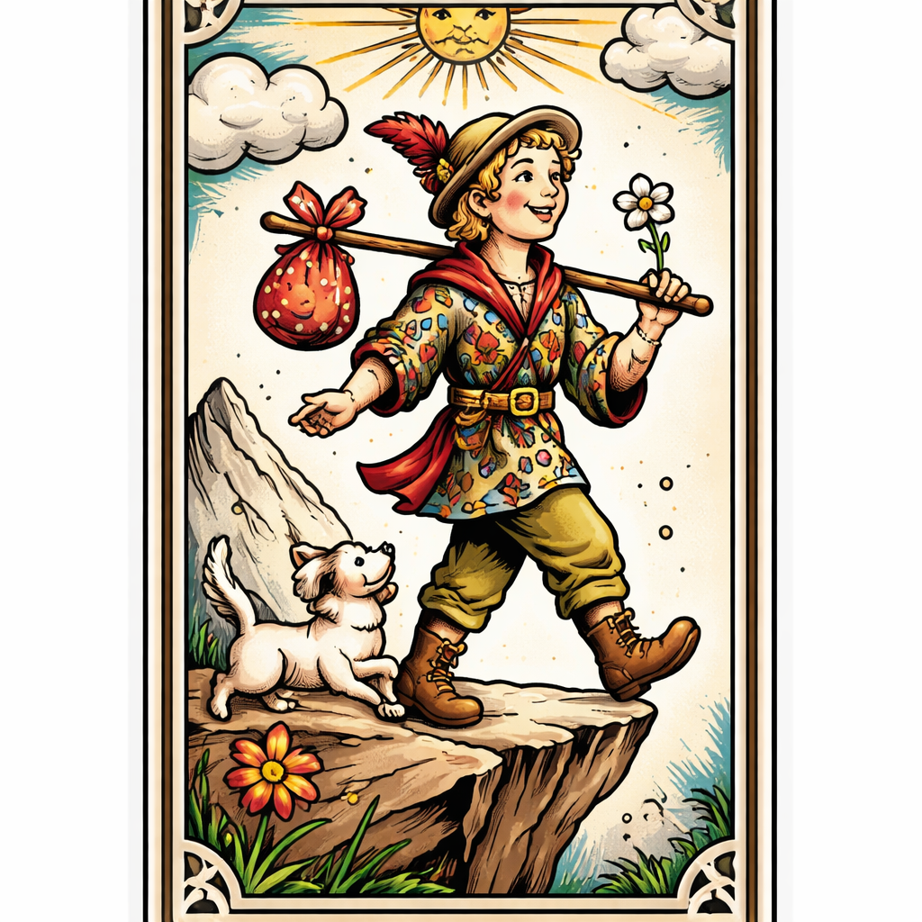 Una representación de estilo cartoon-tradicional de la carta del tarot El Loco: una figura despreocupada avanzando con un perrito, colores vivos y contornos negros marcados.
