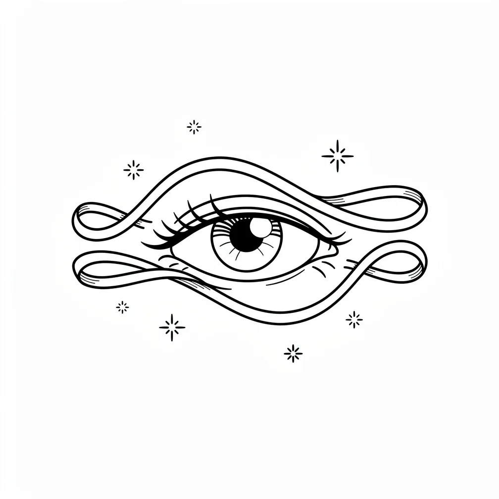Una composición bohemia minimalista con una luna creciente, rayos de sol estilizados, líneas onduladas, flores diminutas y un pequeño símbolo de paz, en linework negro limpio con acentos de color cál1