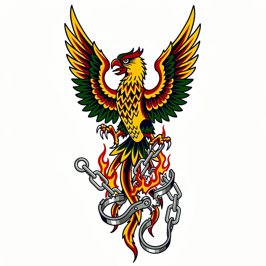 A traditional-style phoenix rises upward from broken shackles, wings spread wide as flames curl around discarded chains in bold dynamic lines.