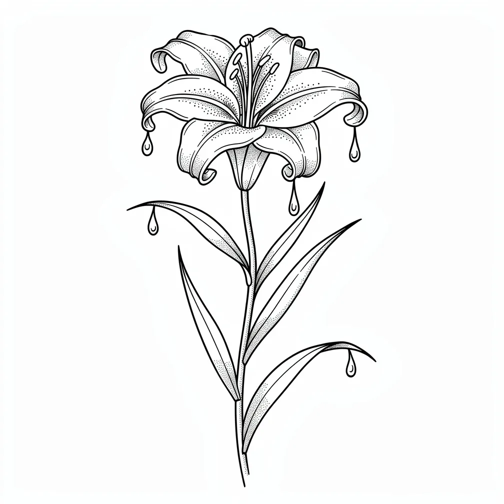 A fine-line lily flower linework tattoo with soft shading and small water droplets falling from the leaves.