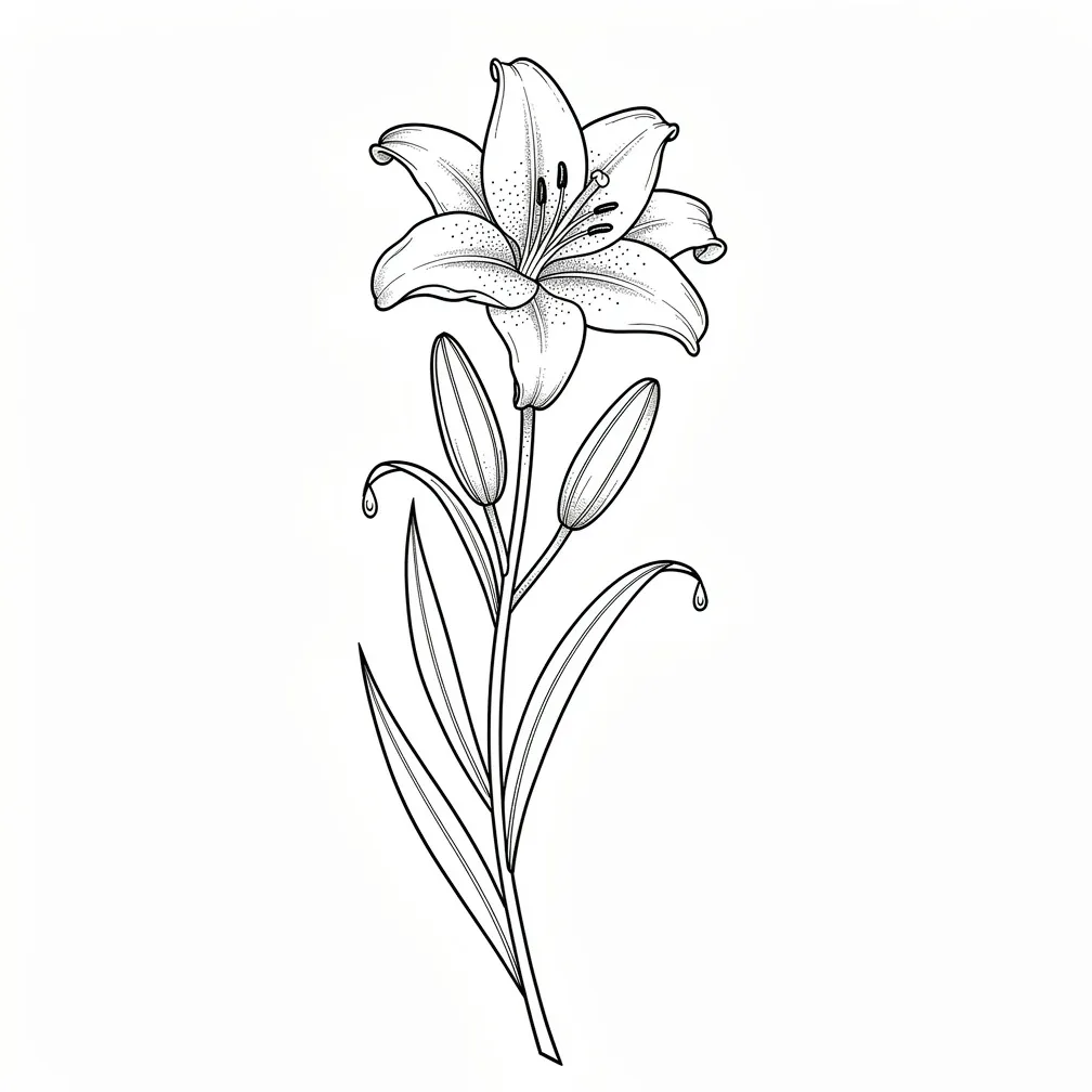 A delicate fine-line lily bouquet with light shading and small water droplets falling from the leaves.