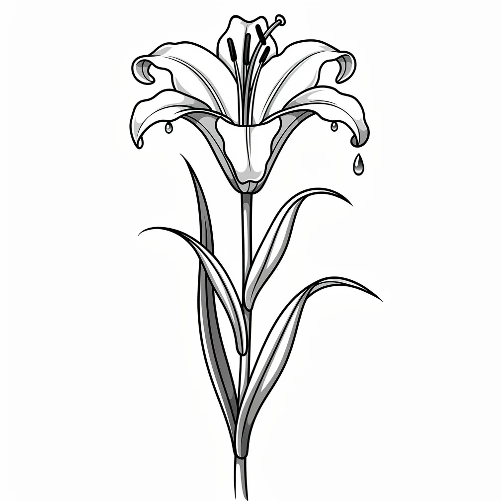 A fine-line lily flower tattoo with soft shading and small water droplets falling from the leaves.