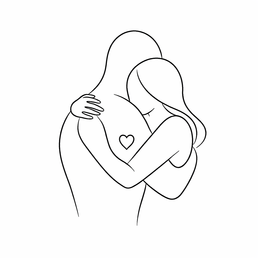 Minimalist continuous single-line tattoo of two people hugging, one gently holding the other with a tiny heart detail, conveying a soft protective embrace.