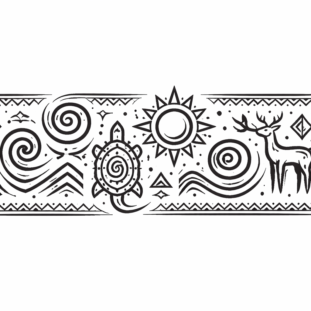 A collection of primitive tribal symbols and geometric patterns in bold blackwork arranged as ornamental bands and standalone motifs.