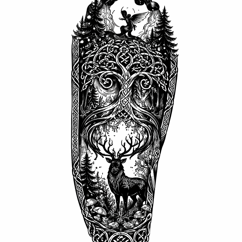Blackwork full-sleeve illustrating an Old Irish fairy tale with fairies, fae creatures, Celtic knotwork, ancient trees, and ruined stone circles.