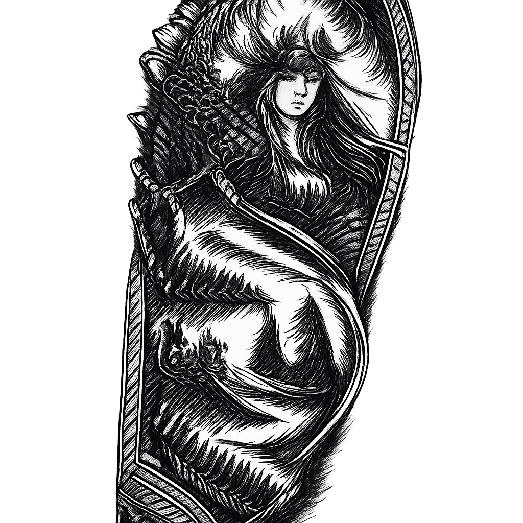 A blackwork full-sleeve depicting scenes from an old Irish fairy tale with faeries, Celtic knots, standing stones, oak trees, and swirling negative-space patterns.