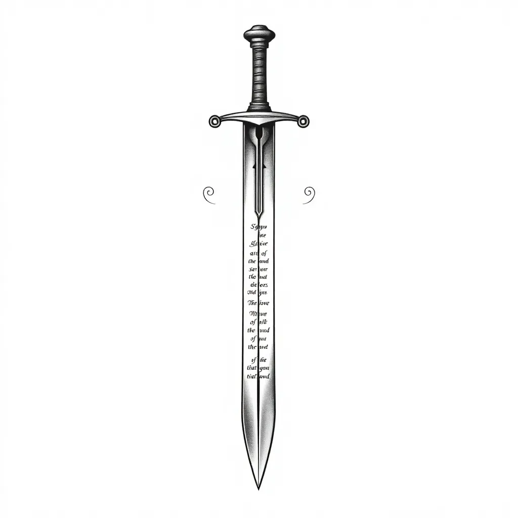 An inverted ornamental sword running along the spine and flaring onto the traps with scriptures inscribed along the blade in decorative lettering, black and grey with gold accents.