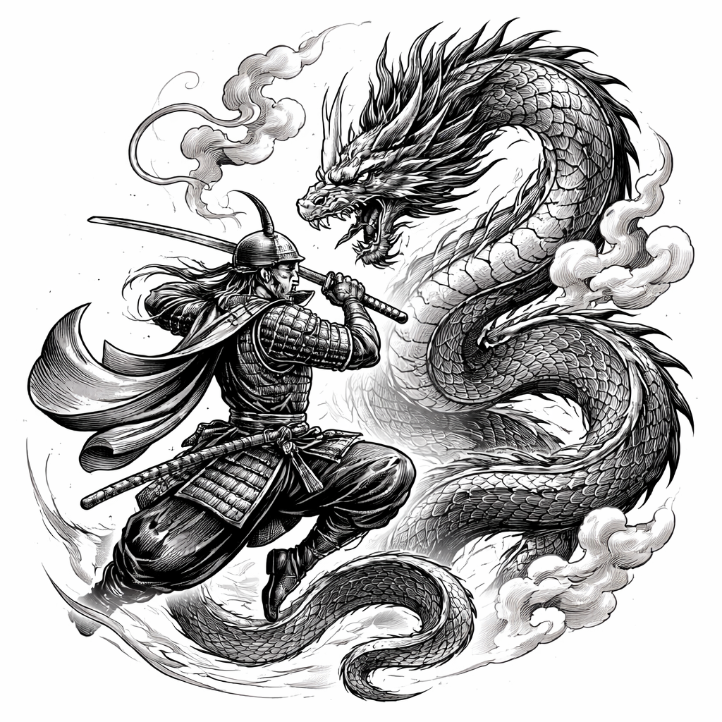 Illustrative scene of Samori Touré in traditional armor battling a coiled fire-breathing dragon with dynamic motion and dramatic color