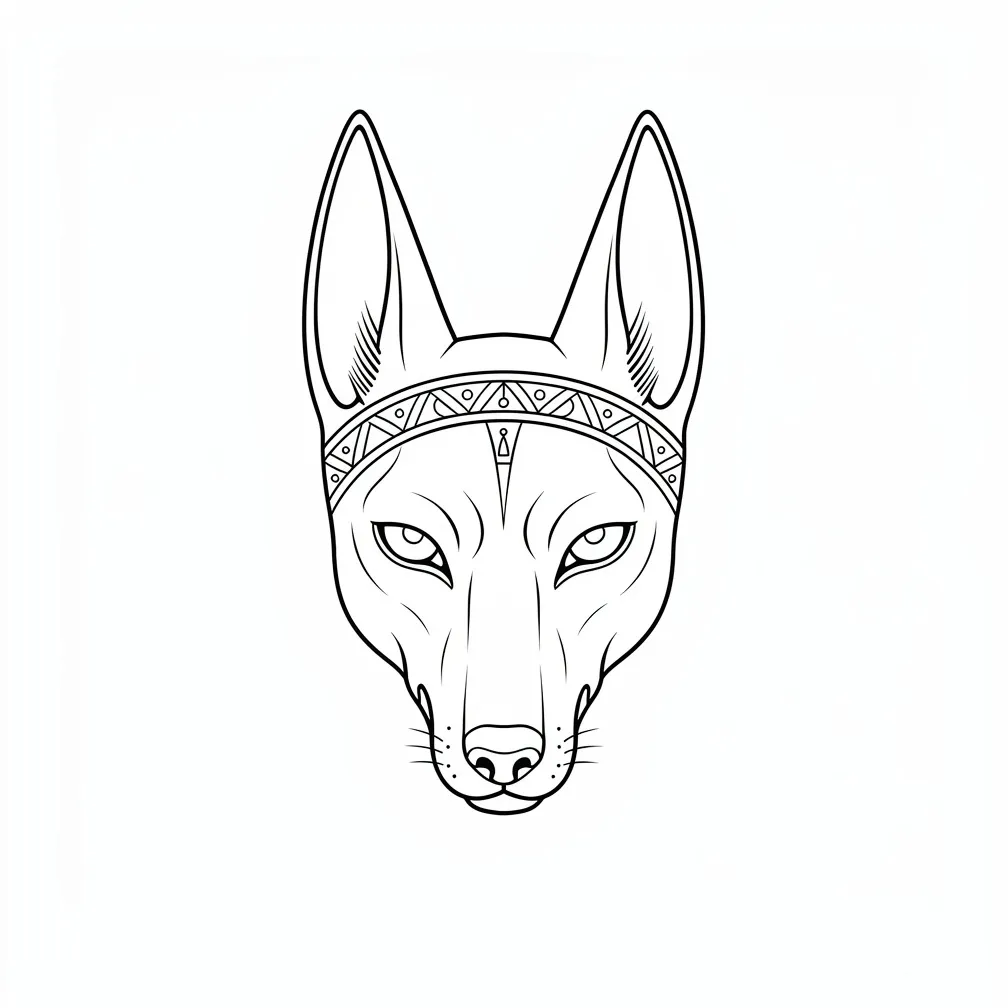 Minimalist line-drawn Anubis head accompanied by a neat row of hieroglyphs spelling 'eternal life' (ankh motif).