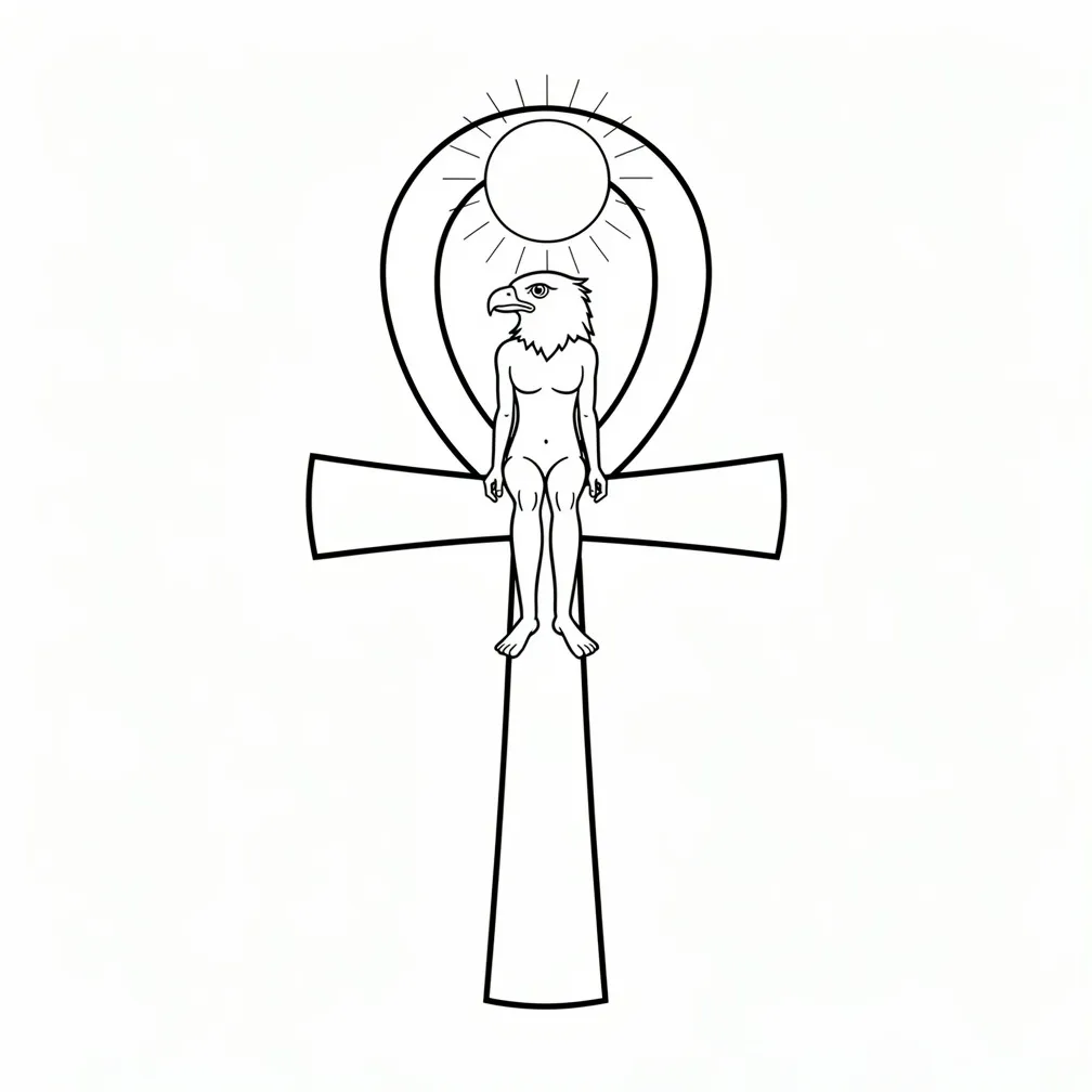 Representación minimalista del dios egipcio Ra sentado dentro de un ankh, enmarcado por un sol estilizado con líneas simples y limpias y un acento dorado
