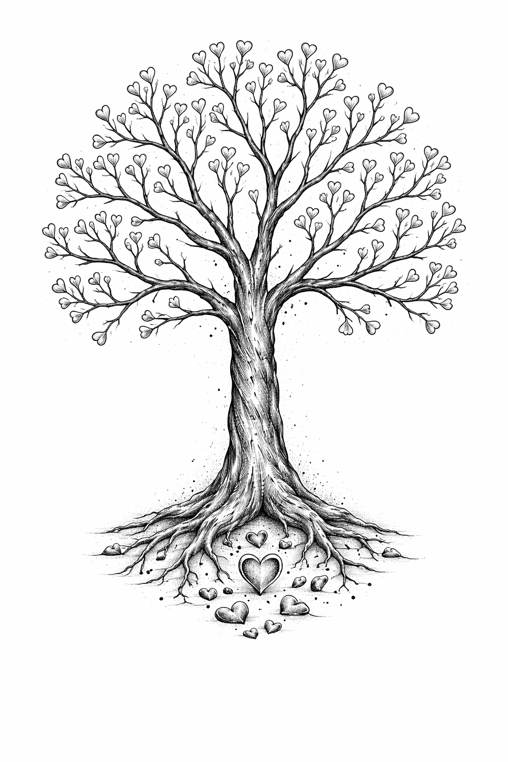 An illustrative large tree with 12 main branches and 3 sub-branches holding heart-shaped motifs hiding a tiny letter A and R at the base and broken hearts containing semicolons shaped like hearts.