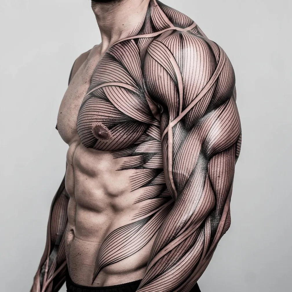 Dynamic blackwork linework flowing from the left forearm across the left chest to the upper left back, following muscle contours.