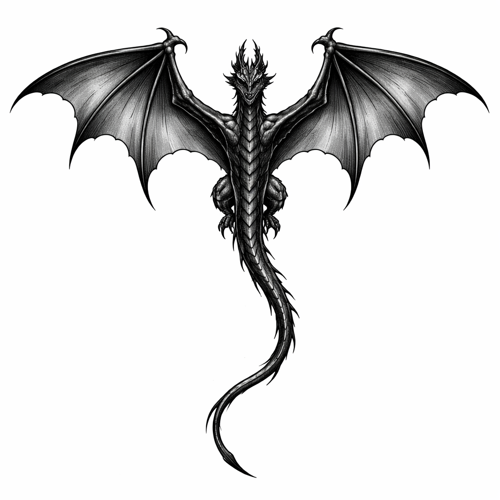 An illustrative top-down view of a black dragon in flight, wings spread and head facing forward with textured shading rather than solid black.