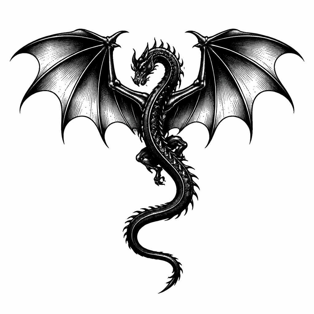 Illustrative top-down view of a black dragon in flight, wings spread wide with detailed scales and shadowed form