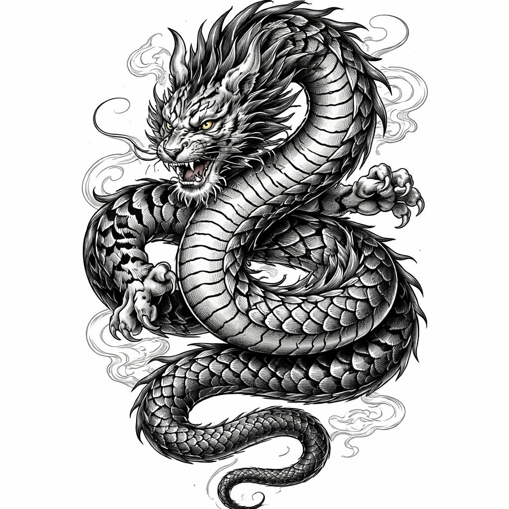 Detailed Japanese-style tiger-dragon hybrid with scales, horns, sharp teeth and stripes rendered in fine linework and black-and-grey shading.