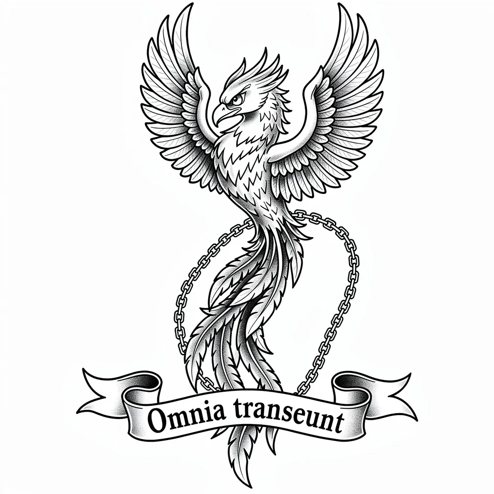 An illustrative phoenix symbolizing family, strength, and hope, paired with Latin-style lettering of the quote "vse mine".